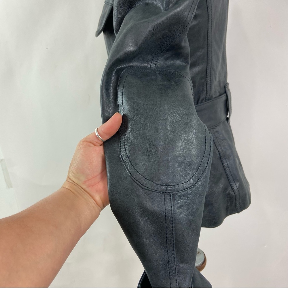 Vincent’s charcoal gray black belted leather moto biker jacket. - Picture 8 of 15